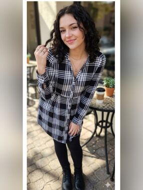 Derek Heart Black and White Plaid Button-Front Women Dress